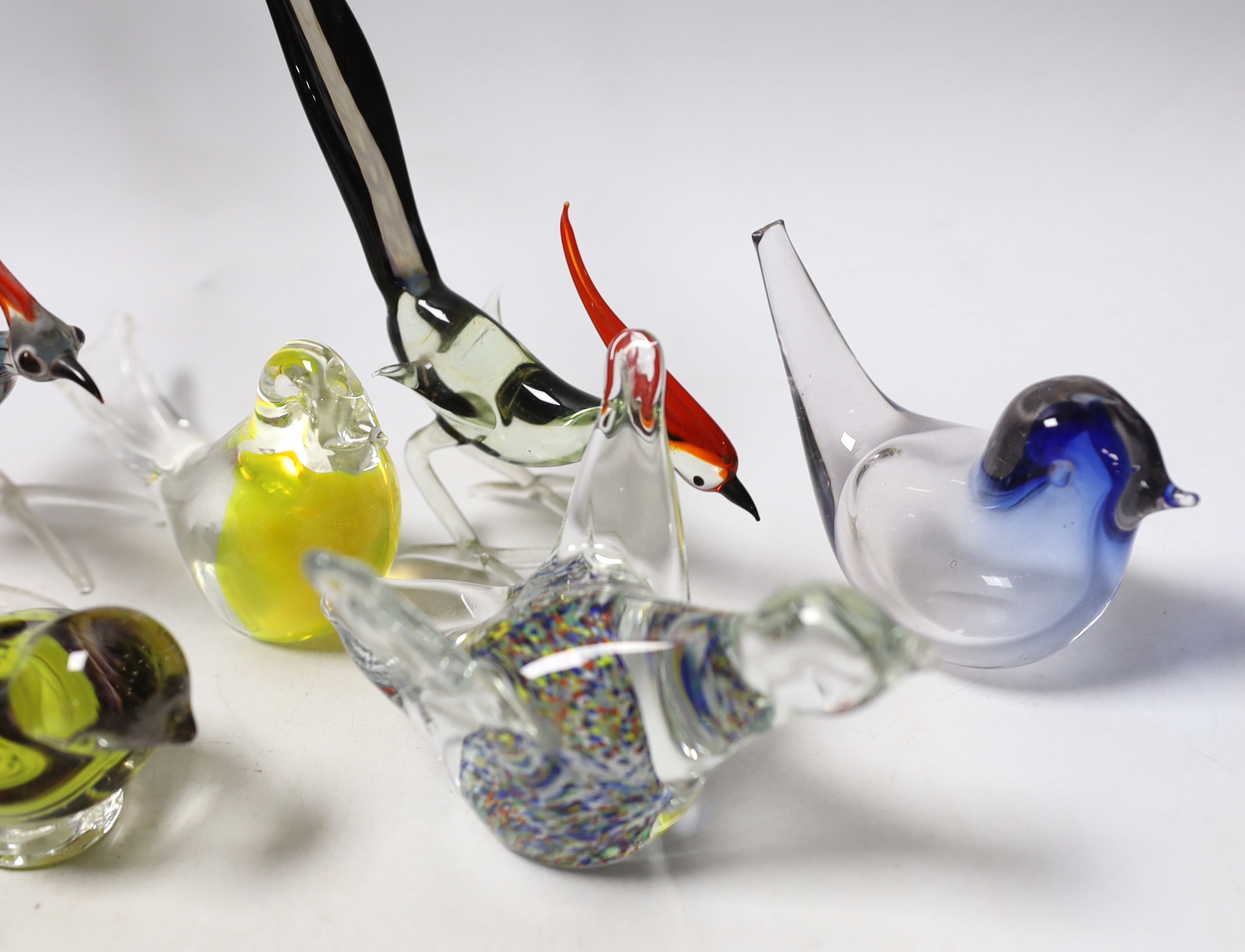 Ten Continental glass models of birds, some in the form of paperweights, tallest 26cm (to end of tail)